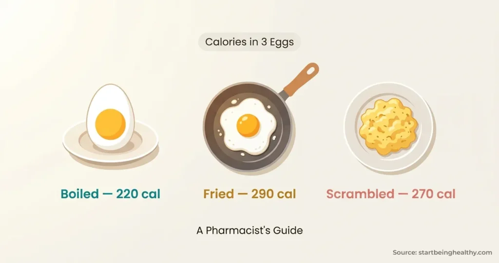 How Many Calories in 3 Eggs? Boiled, Fried & Scrambled (Pharmacist’s 2026 Guide)