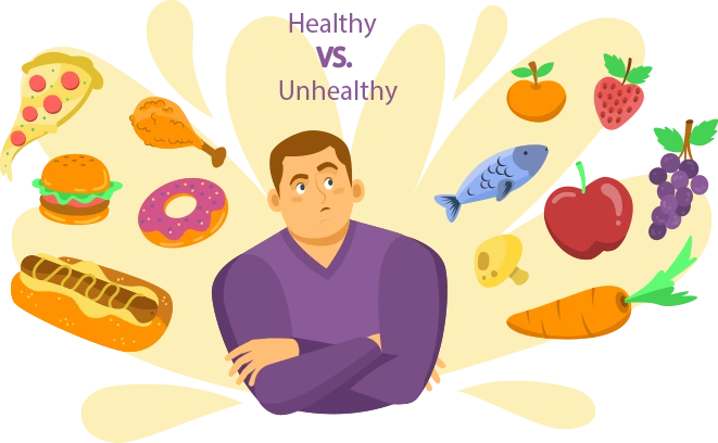 comparison between healthy and unhealthy food choices.