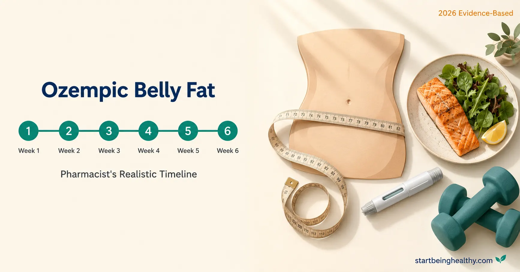Ozempic belly fat 6-week timeline pharmacist's guide showing realistic week-by-week timeline with measuring tape protein meal and resistance training elements