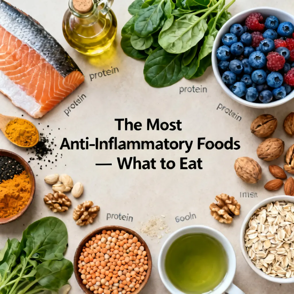 Anti-inflammatory foods including salmon, berries, leafy greens, olive oil, turmeric, nuts, and legumes