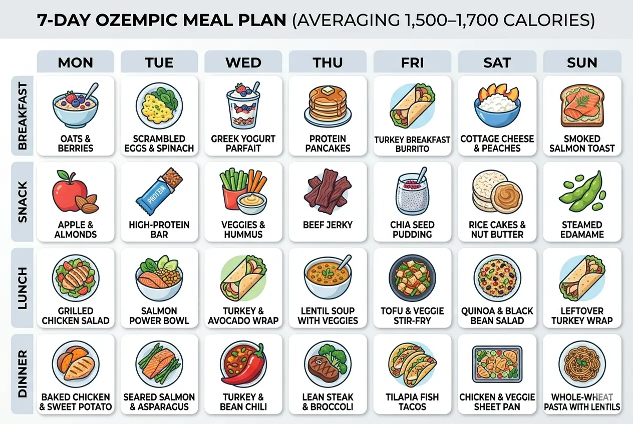 Seven day Ozempic meal plan showing breakfast lunch dinner and snack options each day with high protein high fibre foods
