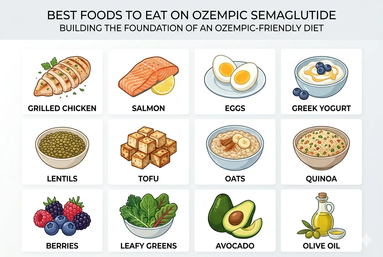 Best foods to eat on Ozempic semaglutide including lean proteins fibre rich vegetables whole grains and healthy fats
