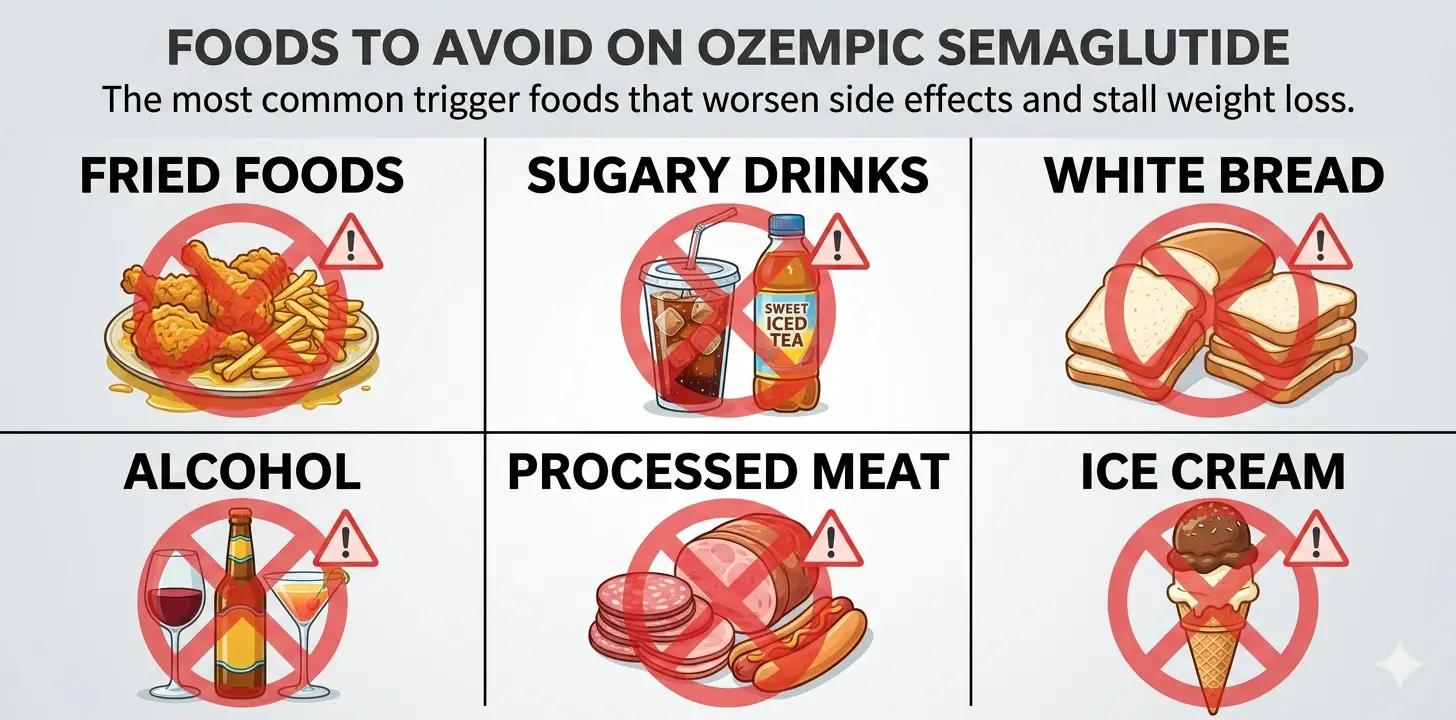 Foods to avoid on Ozempic semaglutide including fried foods sugary drinks refined carbs alcohol and ultra-processed snacks