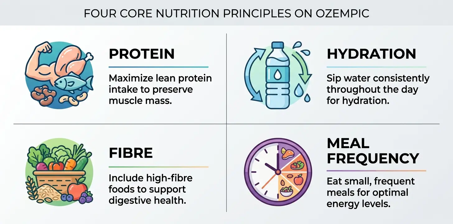 Four core nutrition principles on Ozempic showing protein hydration fibre and meal frequency targets for weight loss