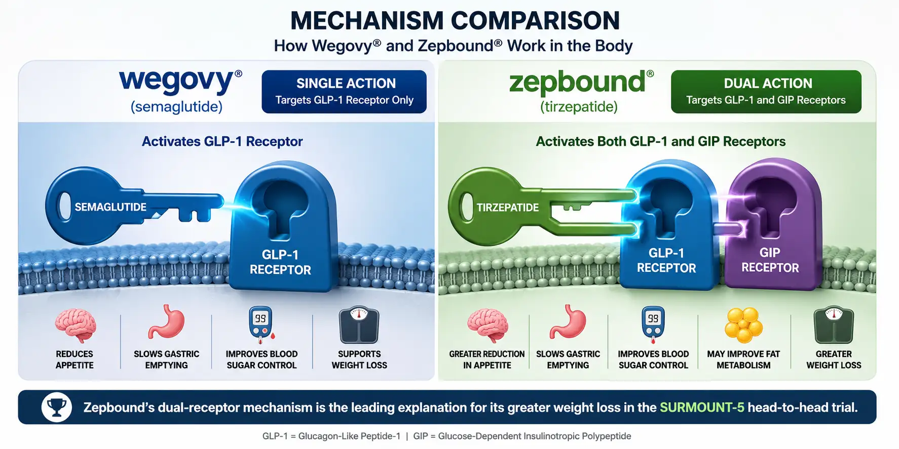 Diagram comparing Wegovy semaglutide single GLP-1 receptor action versus Zepbound tirzepatide dual GIP and GLP-1 receptor action.