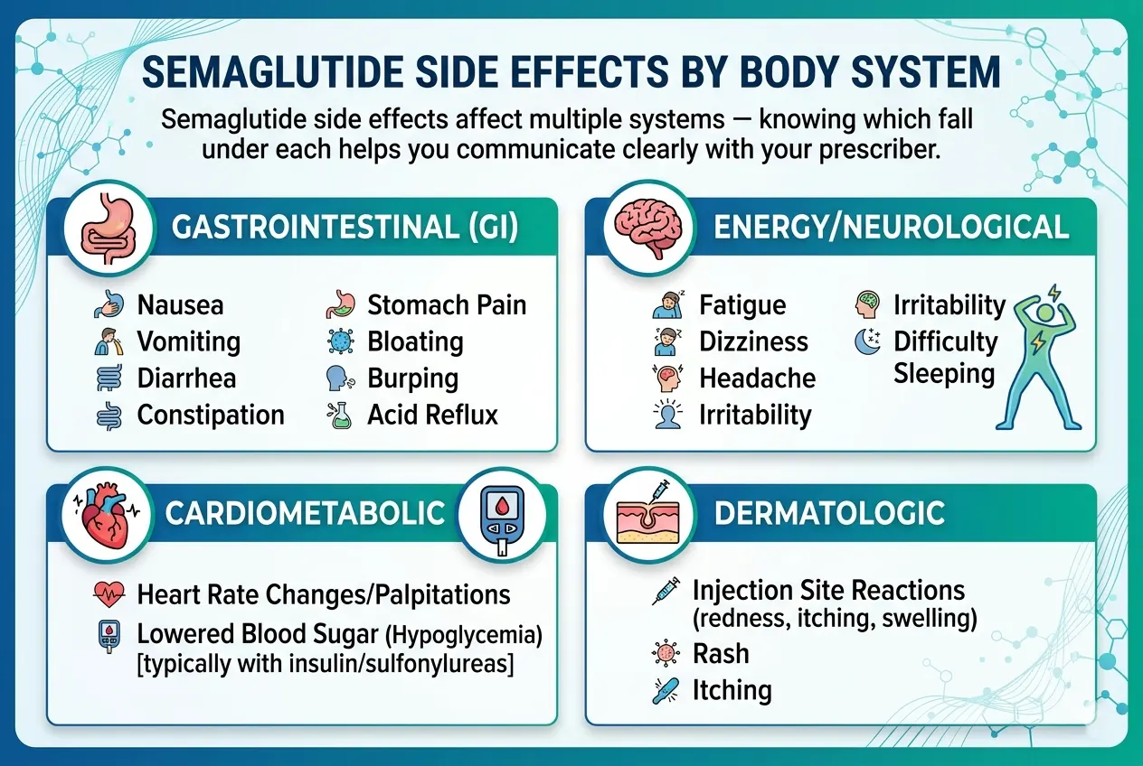 Semaglutide side effects organised by body system showing gastrointestinal energy cardiometabolic and skin effects
