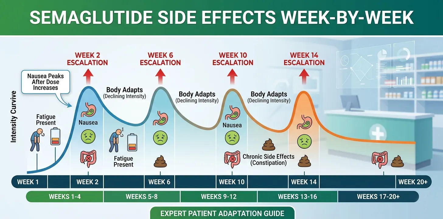 Semaglutide side effects week by week timeline showing intensity peaks at dose increases for Ozempic and Wegovy